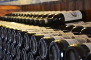 bottles of wine on winery shelves