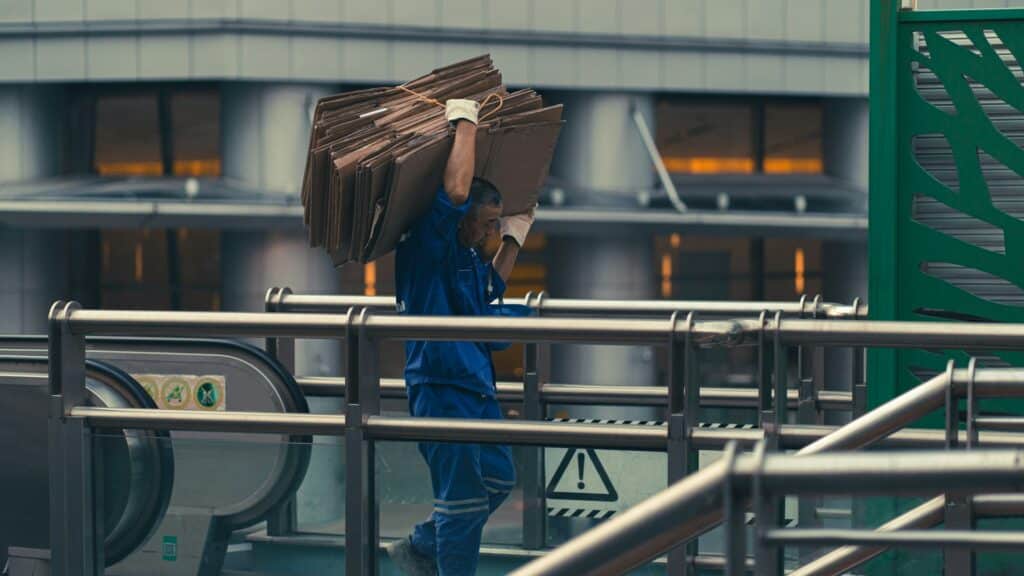 A warehouse packer carries broken down boxes.